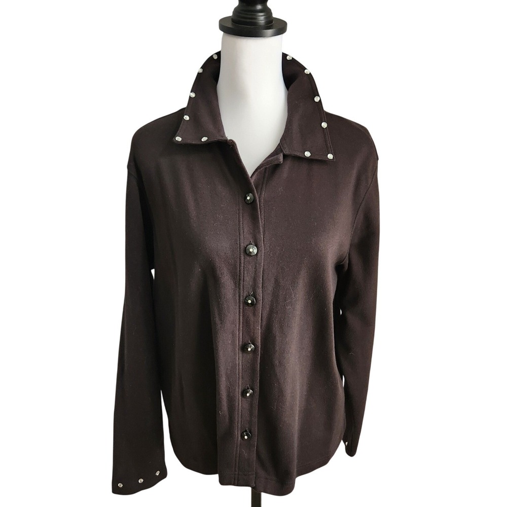 Bechamel Womens Black Button Down‎ Long Sleeve Sweatshirt Blouse Rhinestone M